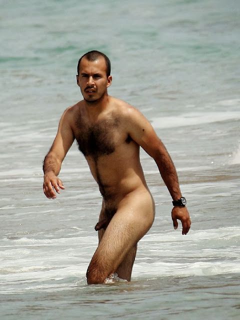 Hairy naked men on beach